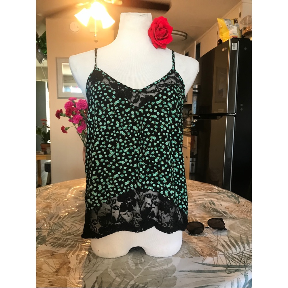 Mint-Colored Floral Print Tank-Top with Black Lace